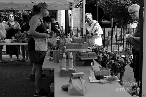 People Art Print featuring the photograph Neighborhood Farmers Market - Black and White - Frank J Casella by Frank J Casella