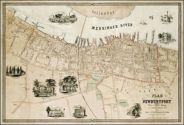 Newburyport Art Print featuring the photograph Newburyport Massachusetts Vintage Map 1851 by Carol Japp