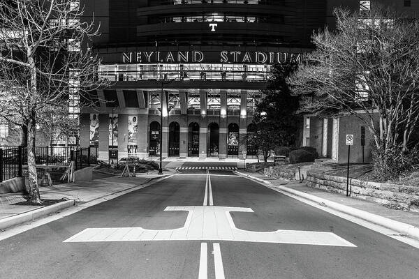University Of Tennessee At Night Art Print featuring the photograph Neyland Stadium at the University of Tennessee at night in black and white by Eldon McGraw