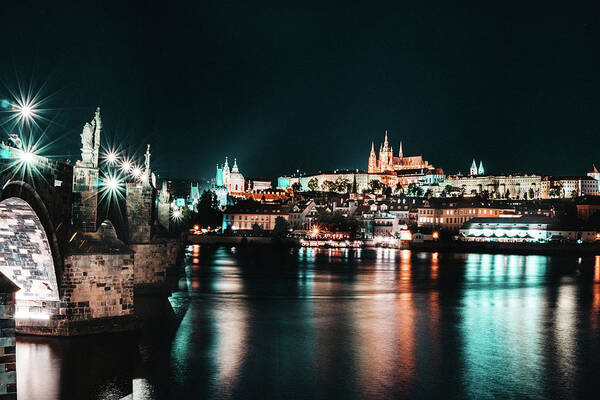 Lamps Art Print featuring the photograph Night long exposition of Charles Bridge in Prague by Vaclav Sonnek