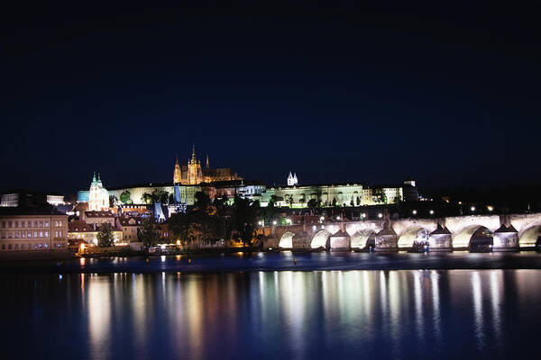 Lamps Art Print featuring the photograph Night view of the old town of Prague with Prague Castle by Vaclav Sonnek
