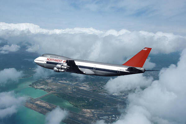 Northwest Orient Airlines Art Print featuring the mixed media Northwest Airlines Boeing 747 over Hawaii by Erik Simonsen