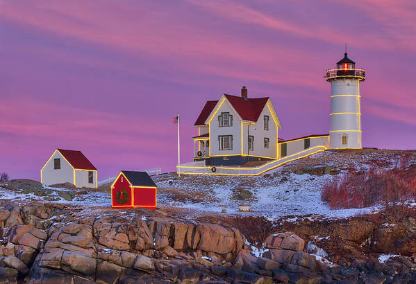 Nubble Lighthouse Art Print featuring the photograph Nubble Light with Christmas Decoration by Juergen Roth