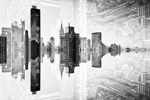Nyc Art Print featuring the digital art NYC Reflection - BW Sunrise by Philippe HUGONNARD