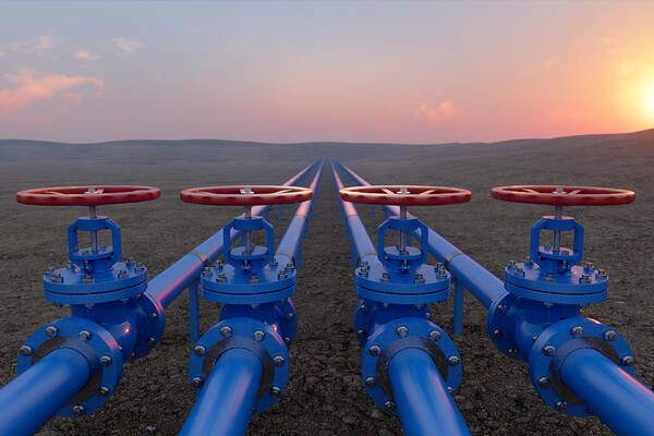 Air Pollution Art Print featuring the photograph Oil Or Gas Transportation With Blue Gas Or Pipe Line Valves On Soil And Sunrise Background by Onurdongel