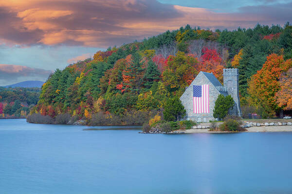 Old Stone Church Art Print featuring the photograph Old Stone Church in Massachusetts fall colors by Jeff Folger