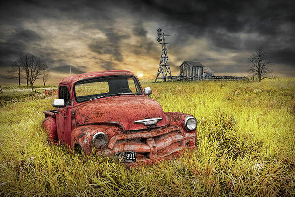 Landscape Art Print featuring the photograph Old Vintage Red Chevy Pickup and Barn with Windmill by Randall Nyhof