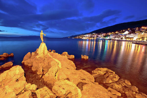 Opatija Art Print featuring the photograph Opatija bay statue and waterfront at sunset view by Brch Photography