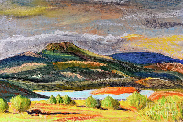 Cerro Pedernal Art Print featuring the pastel Painting of Cerro Pedernal and Abiquiu Lake - New Mexico Rio Arriba County Land of Enchantment by Silvio Ligutti