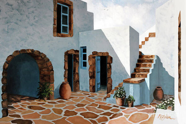 Stone Patio Art Print featuring the painting PATIO IN PATMOS, Greece, Prints of Painting by Mary Grden