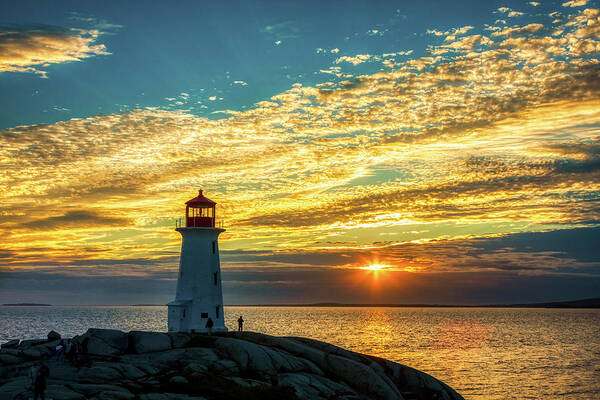 Peggy's Cove Art Print featuring the photograph Peggy's Cove Lighthouse at Sunset by Tatiana Travelways