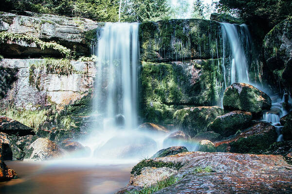 Jizera Mountains Art Print featuring the photograph Summer colours colour the ice waterfall during sunrise. Jizera Mountains by Vaclav Sonnek