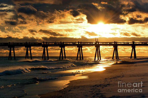 Sun Art Print featuring the photograph Pensacola Beach Fishing Pier at Sunset by Beachtown Views