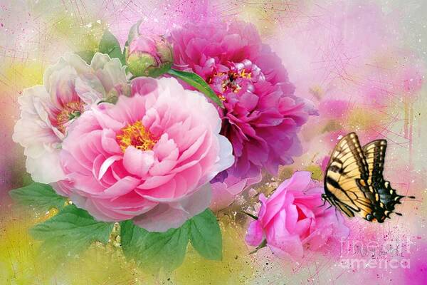 Peony Roses Art Print featuring the mixed media Peonies and Butterfly by Morag Bates