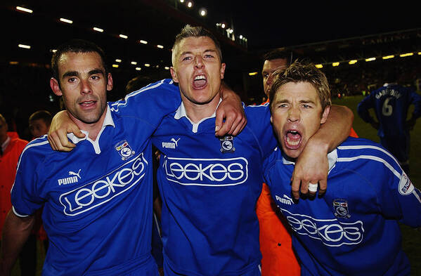 Playoffs Art Print featuring the photograph Peter Thorne, Graham Kavanagh and Andy Legg of Cardiff City celebrate by Stu Forster