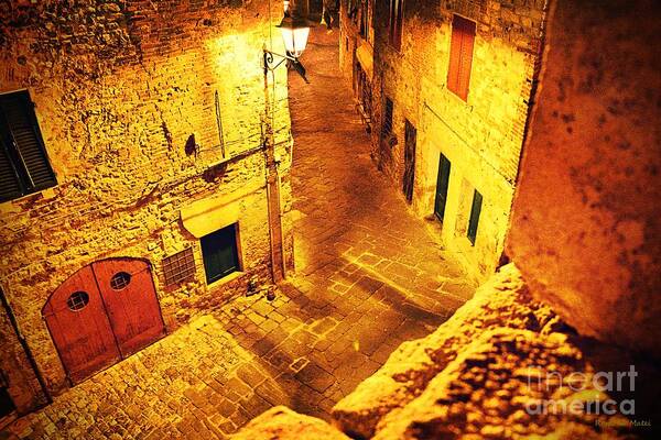 Golden Art Print featuring the photograph Piazza by night in Tuscany by Ramona Matei