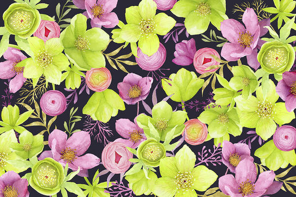 Pink Art Print featuring the digital art Pink and Yellow Green Hellebore Carpet by Cross Version