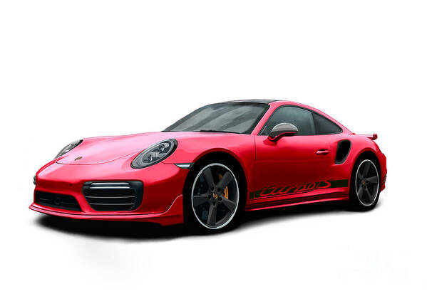 Hand Drawn Art Print featuring the digital art Porsche 911 991 Turbo S Digitally Drawn - Red with side decals script by Moospeed Art