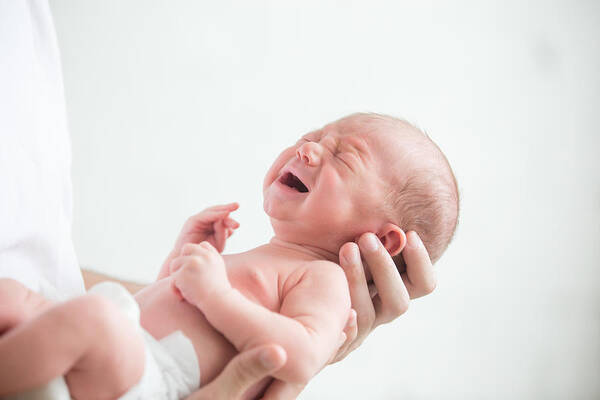 Care Art Print featuring the photograph Portrait of a screaming newborn hold at hands by Fizkes