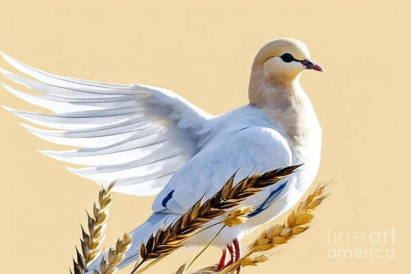 Abstract Art Print featuring the painting Pray for Ukraine, a dove with a wheat ear wishes for peace. Bird by N Akkash