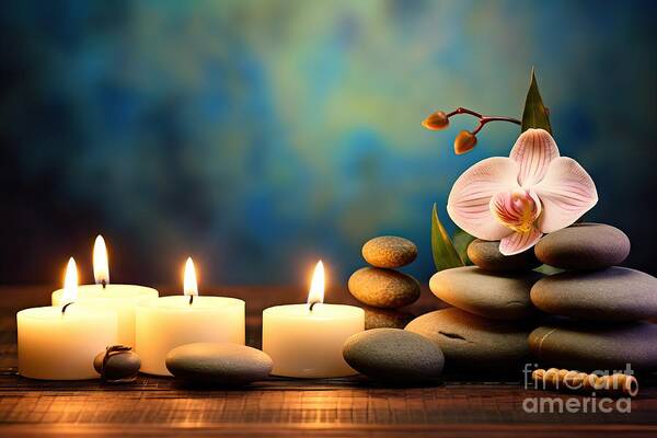 premium Spa Concept - Massage Stones With Towels And Candles In Natural  Background Art Print