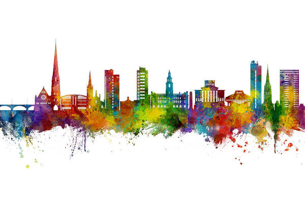 Preston Art Print featuring the digital art Preston England Skyline #86 by Michael Tompsett