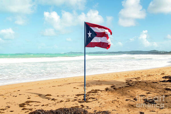 Puerto Art Print featuring the photograph Puerto Rican Flag on the Beach, Pinones, Puerto Rico by Beachtown Views