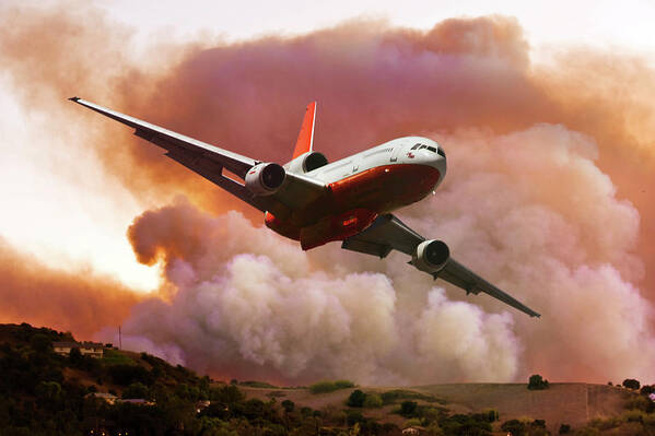Mcdonnell Douglas Dc-10 Firefighting Aircraft Art Print featuring the mixed media Pulling Up and Away from the Wildfire by Erik Simonsen