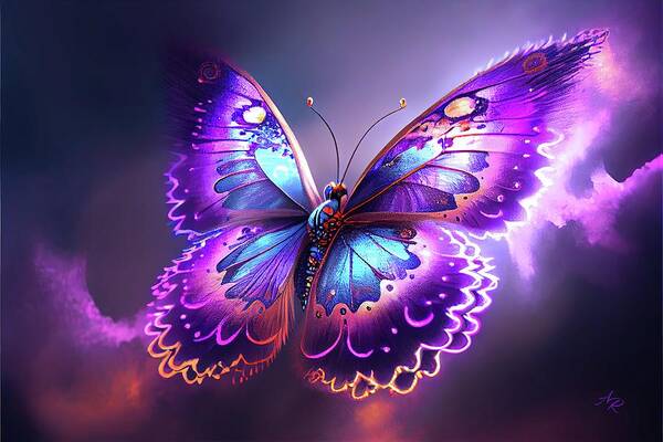Butterfly Art Print featuring the digital art Purple Butterfly in Clouds by Adrian Reich