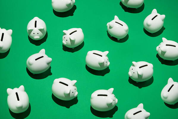 Confusion Art Print featuring the photograph Random little white piggy banks by PM Images