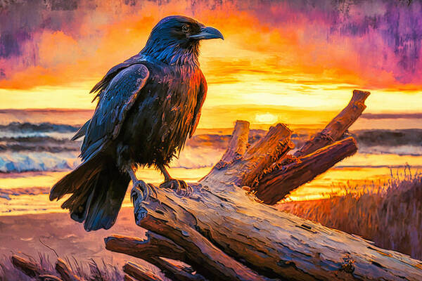 Abstract Art Print featuring the digital art Raven on Driftwood by Craig Boehman