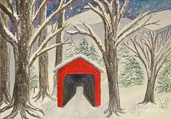 Covered Bridge Art Print featuring the painting Red Bridge in the Snow by Lisa Neuman