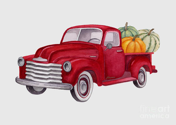 Red Pickup Art Print featuring the painting Red Pumpkin Patch Pickup Truck by Hailey E Herrera