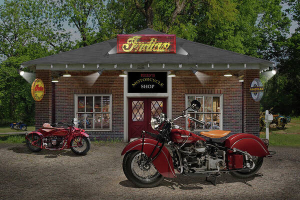 Indian Motorcycles Art Print featuring the photograph Reds Motorcycle Shop C by Mike McGlothlen