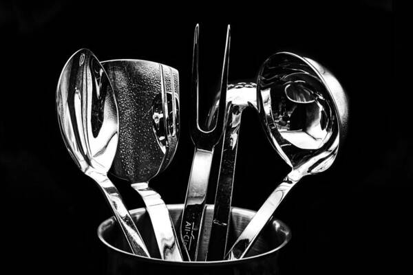 Black And White Art Print featuring the photograph Reflections in Cooking Tools by Stuart Litoff