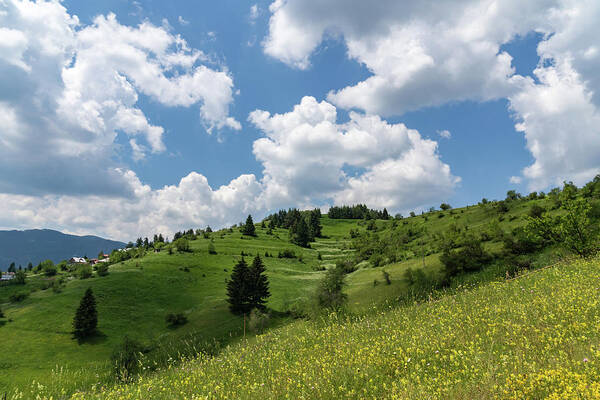 Big Sky Art Print featuring the photograph Rhodope Mountain Village Layers - Wildflower Meadows Green Hillsides and Fab Clouds by Georgia Mizuleva