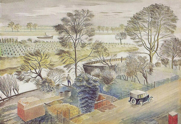 Eric Ravilious Art Print featuring the drawing River Thames by Eric Ravilious by Mango Art