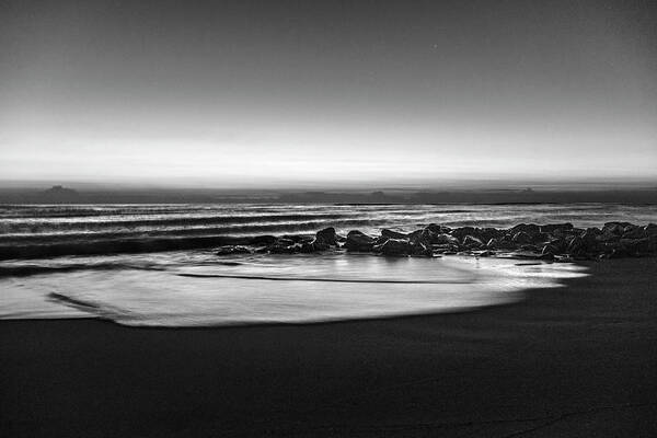 Birds Art Print featuring the photograph Rocky Beach at Dawn Black and White by Debra and Dave Vanderlaan