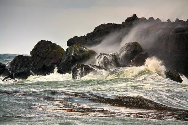 The Bay Of Fundy Storm Haven Shelter Storm Gale Rough Seas Ocean Waves Breaking Waves Breakwater Crane Seaside Gale Choppy Sea Boat House Fish Shack Fish Hut Fish House Breakwater Sea Wall Art Print featuring the photograph Rocky by David Matthews