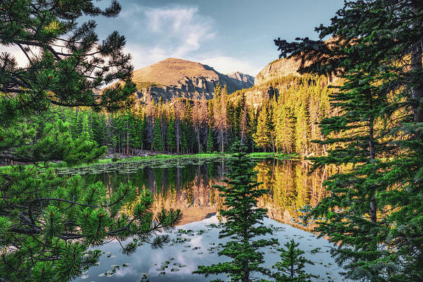 Nymph Lake Art Print featuring the photograph Rocky Mountains Over Nymph Lake at Sunrise by Gregory Ballos
