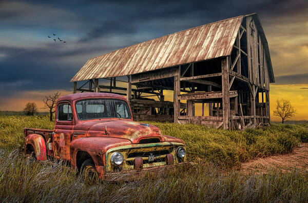 Harvester Art Print featuring the photograph Rusted International Harvester Pickup Truck with Weathered Barn by Randall Nyhof