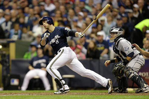 Scoring Art Print featuring the photograph Ryan Braun and Carlos Gomez by Mike Mcginnis