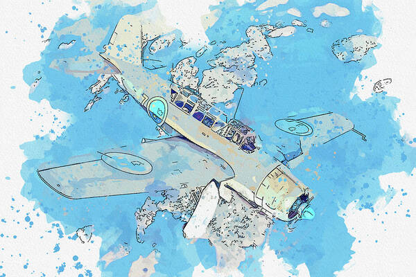Plane Art Print featuring the painting Saab B in watercolor ca by Ahmet Asar by Celestial Images