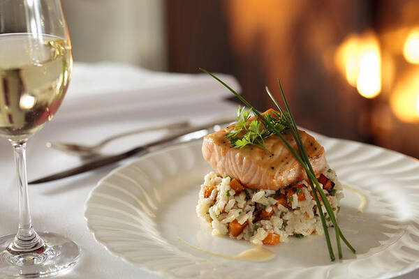 Diner Art Print featuring the photograph Salmon over rice by fireplace by Jon Lovette