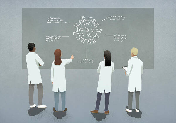 Working Art Print featuring the drawing Scientists discussing COVID-19 coronavirus diagram by Malte Mueller