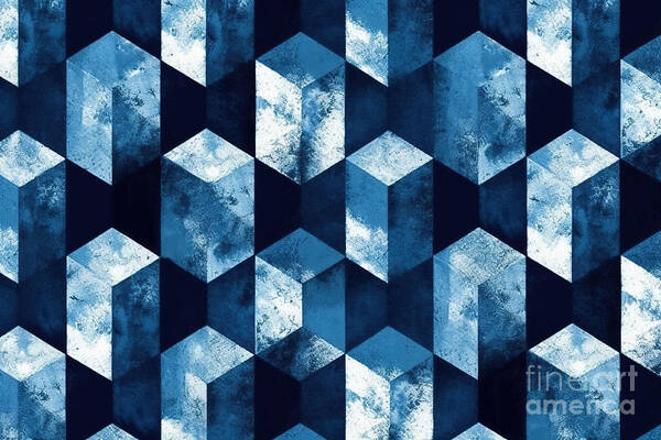 Seamless Art Print featuring the painting Seamless Painted Blue Square Isometric Cube Background Pattern T by N Akkash