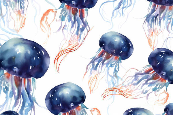 Animal Art Print featuring the painting Seamless Pattern With Hand Painted In Watercolor Jellyfish Ocean by N Akkash