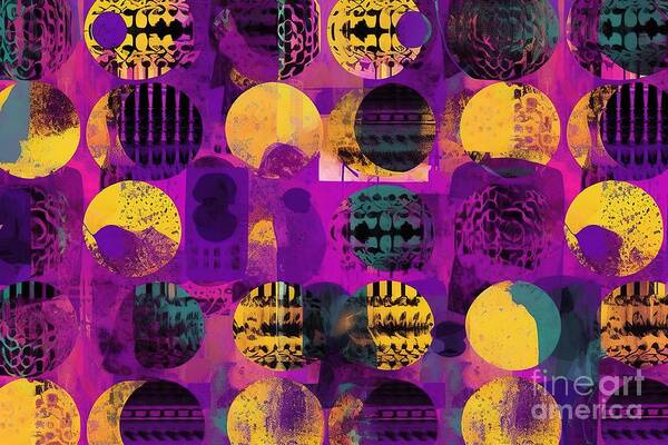 Seamless Art Print featuring the painting Seamless Pop Art Grunge Glitch Circles Patchwork Background Pattern Trendy Gender Neutral Violet And Yellow Dopamine Dressing Polka Dot Textile Swatch Contemporary Fashion Fabric Texture Backdrop by N Akkash