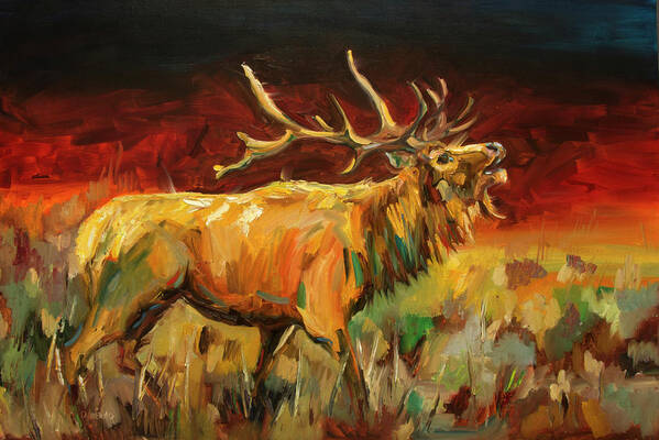 Elk Art Print featuring the painting Shout Out by Diane Whitehead