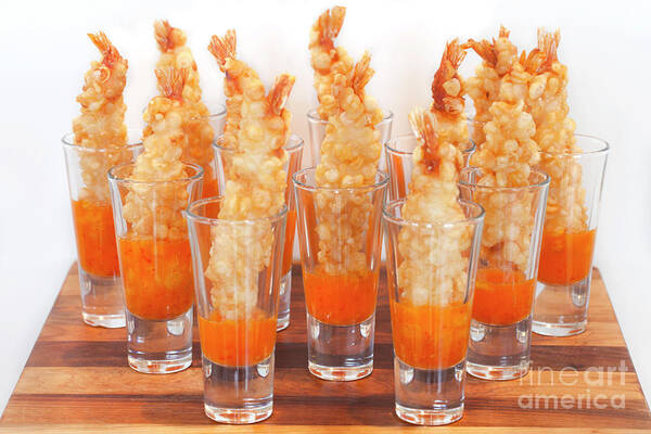 Appetizer Art Print featuring the photograph Shrimp Tempura in marmalade sauce by Anthony Totah